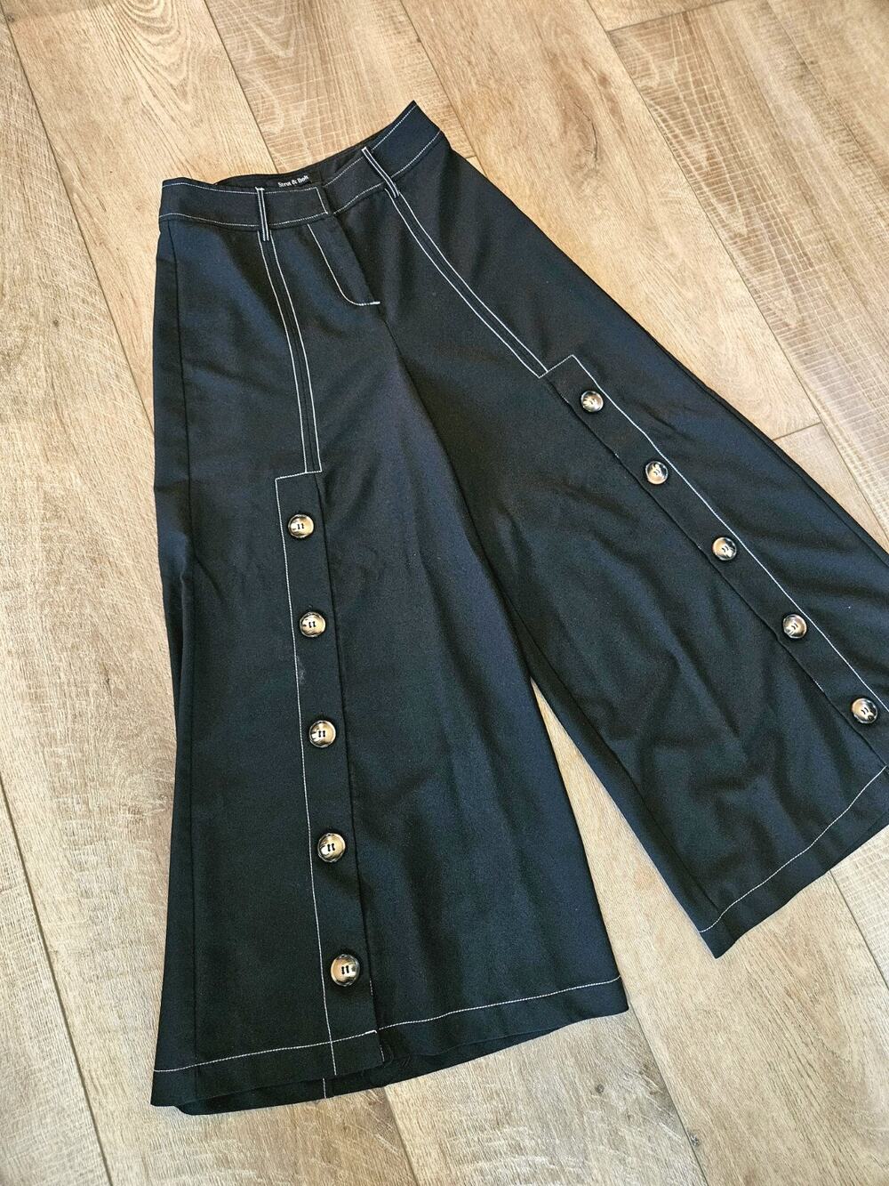Whimsigoth Fairycore Black Wide Leg Pants Contrast Stitch Button Palazzo Pants S